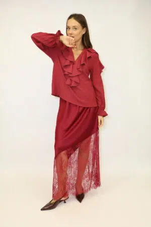 חצאית סאטן תחרה Lina | בורדו