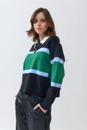 חולצת פולו סרוגה Emy | שחור ירוק