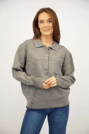 סריג עם כפתורים וצווארון פולו Adèle | אפור – INAP-AR846-GREY