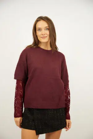 סוודר אלגנטי עם תחרה Ophélie | בורדו – ML-F73013-BORDO