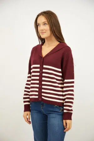 קרדיגן פסים צווארון וי סגנון ימי Lola | בז בורדו