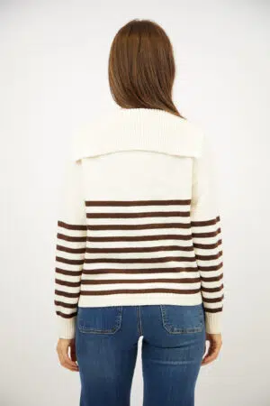 קרדיגן פסים צווארון וי סגנון ימי Lola | בז חום