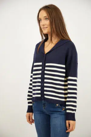 קרדיגן פסים צווארון וי סגנון ימי Lola | בז נייבי