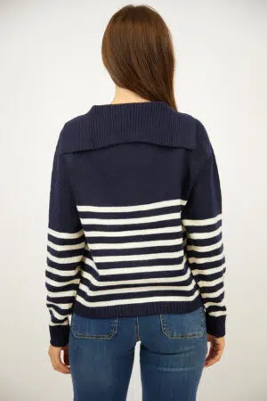 קרדיגן פסים צווארון וי סגנון ימי Lola | בז נייבי
