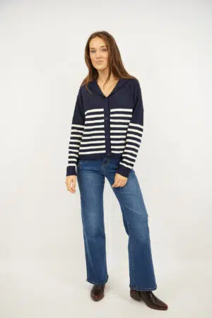 קרדיגן פסים צווארון וי סגנון ימי Lola | בז נייבי