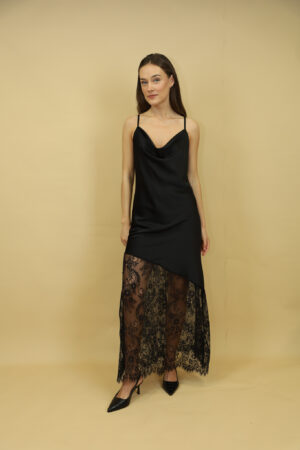 שמלה סאטן שילוב תחרה Lily | שחור – IV-PR7877-BLACK