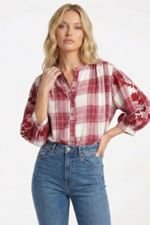 חולצה הדפס משובץ Romy | יין – JSM-CH3567-WINE